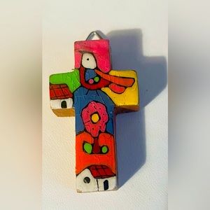 El Salvador La Palma Wooden Cross Pendant Hand Painted Multicolor Bird 1 1/2"